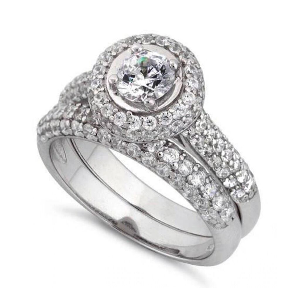 Sterling Silver Halo Round CZ Engagement Set Ring